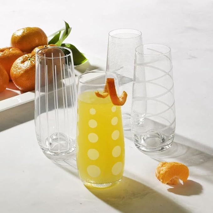 Mikasa Cheers Stemless Flutes, Set of 4-7.5 Oz Crystal Champagne Glasses with Playful Dot, Line & Swirl Designs - Unique Toasting Glassware for Sparkling Wine & Cocktails, Lead-Free