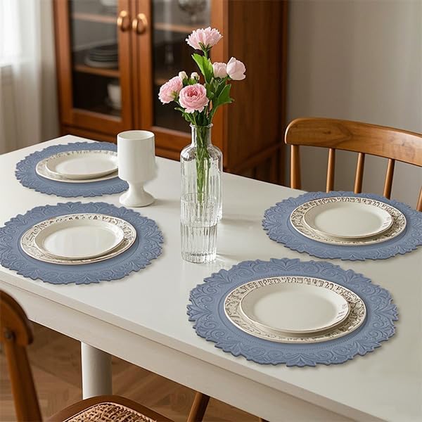 Noctiflorous Round Faux Leather 15 Inch Placemats Set of 4 Waterproof Wipeable Heat Resistant Tablemat for Dining Table Kitchen Non Slip Washable Oilproof Table Place Mat for Indoor Outdoor(Blue, 4)