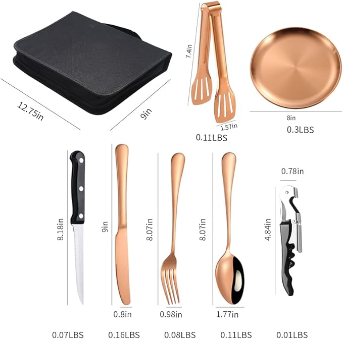 Picnic Tableware Set Camping Dinnerware Copper/Rose Gold Silverware and Plates Kit for 4 Portable Utensils Stainless Steel Dishes Spoons Forks Knives Bottle Opener Food Tongs