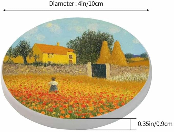 Farmhouse Coasters for Drinks 2 Pack Harvest Season Oil Painting House Farm Village Life with Sunflower Tabletop Protection Kitchen and Coffee Table Décor & Accessories,Set of 2