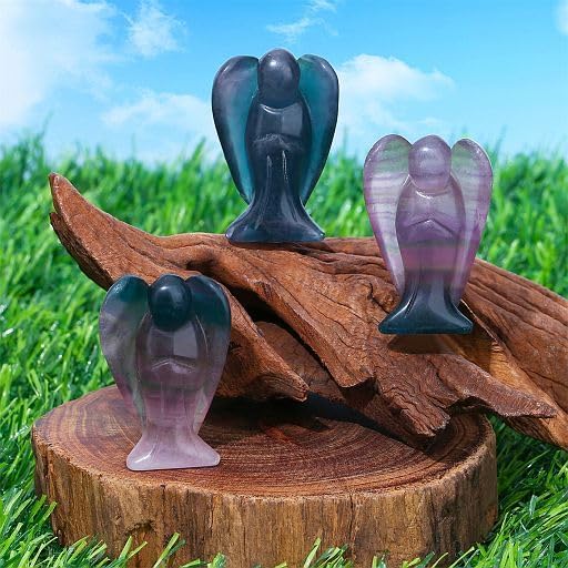YATOJUZI 2" Fluorite Angel Decor Crystals Polished Natural Stone Sculpture Statue Home Room Office Desk Decoration Guardian Hand Carved Cute Figurines Energy Reiki Gifts for Women Men
