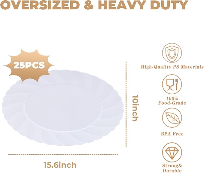 U-QE 25 Pieces Oval White Plastic Plates Disposable Heavy Duty - 15.6inch Large Plates Disposable Plastic Dinner Plates - Oval White Disposable Plates for Party, BBQ, Picnic and Weddings