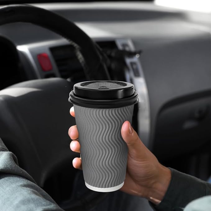 100 Pack 16 oz Coffee Cups with Lids, Disposable Insulated Hot Cups To Go Paper Coffee Cups, Corrugated Ripple Wall Cup for Hot Drink, Office, Coffee Bar (Grey 16 oz)