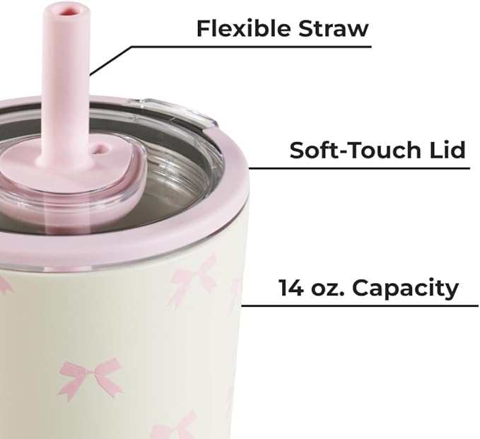 HydroJug Everyday Tumbler 14 oz – Ceramic-Lined Insulated Tumbler with Straw and Soft-Touch Lid, Cup Holder Friendly, Double-Wall Vacuum Insulation, Reusable Travel Cup – Bows