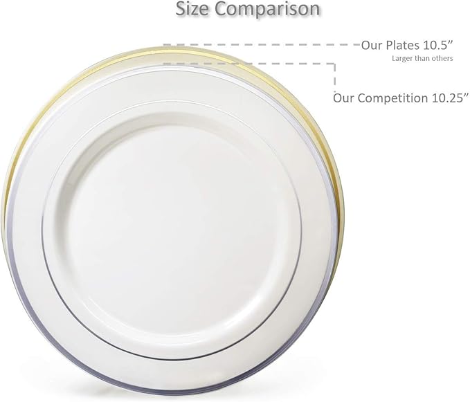 OCCASIONS 240 Plates Pack,(120 Guests) Heavyweight Premium Wedding Party Disposable Plastic Plates Set -120 x 10.5'' Dinner + 120 x 7.5'' Salad/Dessert plates (Sundance White & Gold Rim)