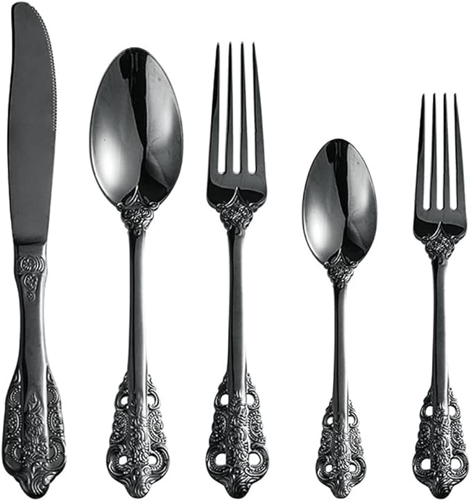 Black Silverware Set for 10 Premium 18/10 Stainless Steel Flatware Set Palace Style 50 Piece Cutlery Tableware Utensils Embossed Decorative Handle Knives Forks and Spoons for Home Christmas Wedding
