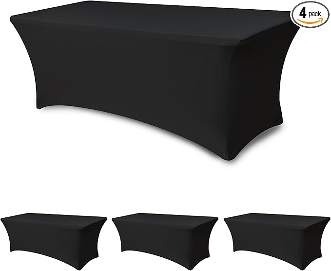 Spandex Table Cover for 6 foot Rectangle Tables-4 Pack Fitted Stretch Black Tablecloth-Elastic 6ft Folding Tablecloths for Party, Vendor Booth Display, Banquet Buffet Event, Craft Trade Show
