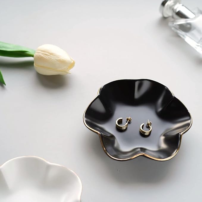 4.7 inch Small Ring Dish, Ceramic Jewelry Holder Tray, Black Catch All Trinket Bowl for Keys Rings Earrings