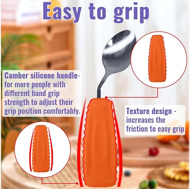 Adaptive Utensils Angled Spoon and Fork for Hand Tremors Parkinsons,Weighted Utensils with Non-Slip Easy Grip Handles for Independent Eating (1pcs Spoon+1pcs Fork=2 pcs,Orange,Left Hand)