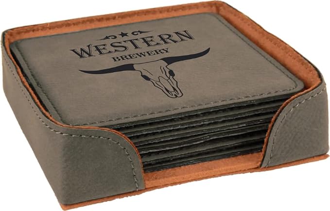 Custom Engraved Coasters | Personalized Leather Coaster | Set of 6 | Drink Coasters with Holder | Laser Engraved | Tabletop Protection | Gift for Couples (Square 4" x 4", Gray w/Black)