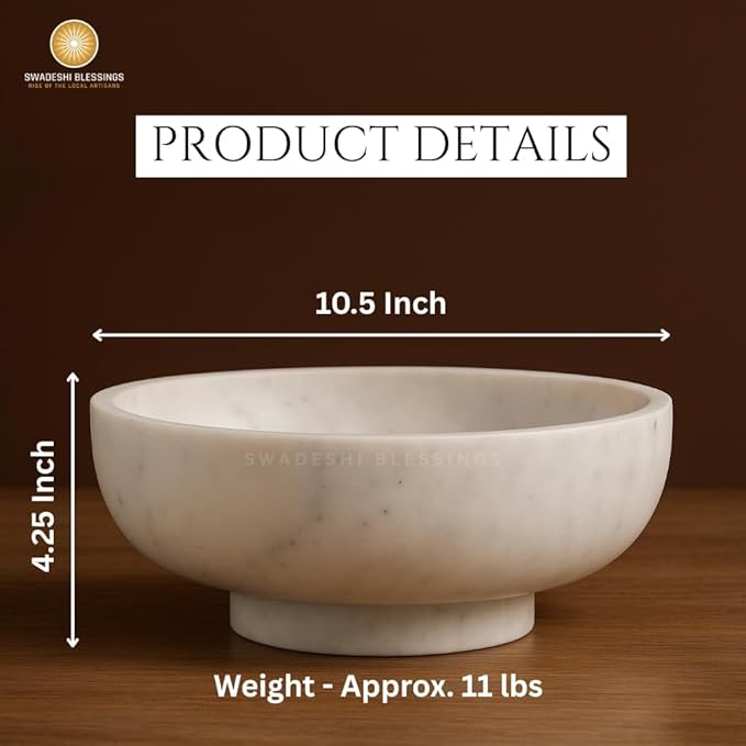 SWADESHI BLESSINGS Handcrafted Marble Fruit Bowl for Kitchen Counter, Large Decorative Bowl for Home Decor, Key Bowl for Entryway Table, Marble Pedestal Bowl for Dining Table Centerpiece Decor, 10.5”