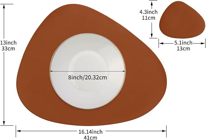 Faux Leather Placemats and Coasters Set, Round Leather for Dinner Table Mats Heat Resistant Washable Insulation Coffee Mats Kitchen Place Mats Nordic Style (Brown, 2 Placemats+2 Coasters)