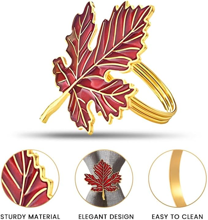 Decozen Set of 12 Red Gold Napkin Rings in Leaf Design, Festive, Table Decor Setting for Holiday, Wedding, Birthday, Kitchen, Home Decor, Housewarming Gift - Thanksgiving & Christmas Gift Decoration