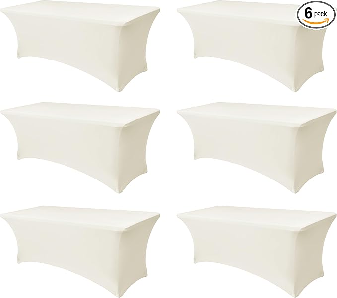 Spandex Table Cloths for 8 Foot Rectangle Tables-6 Pack Fitted Stretch Cream Table Covers-Elastic Folding Tablecloths for Party, Vendor Booth Display, Banquet Buffet Event, Craft Trade Show
