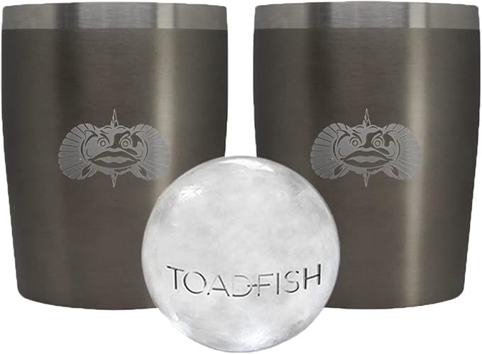 Toadfish Non-tipping 10oz Double Wall Insulated Stainless Steel Rocks Tumbler 2-Pack Gift Set w/Ice Ball Tray & Easy Slide Lid - Graphite
