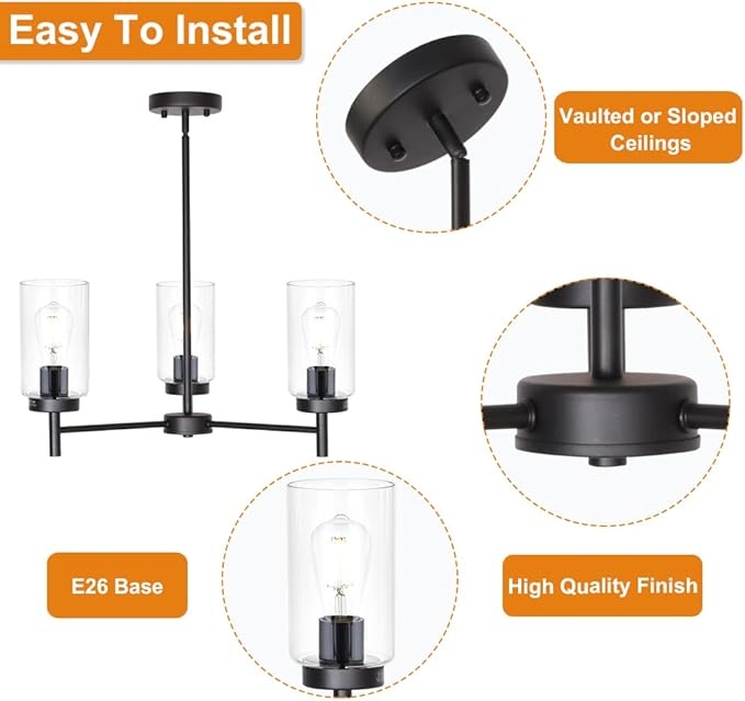 VINLUZ Farmhouse Chandeliers Black 3 Lights with Clear Glass Shades Modern Industrial Pendant Light Dining Room Lighting Fixtures Hanging Adjustable Wire Semi Flush Ceiling Lights