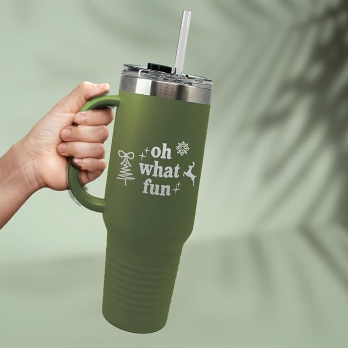 Speedy Pros Tumbler Cups with Straw Oh What Fun Christmas Xmas Coffee Tumbler with Lid Personalized Insulated Travel Mugs Engraved Stainless-Steel 40 Oz Forest Green Design Only