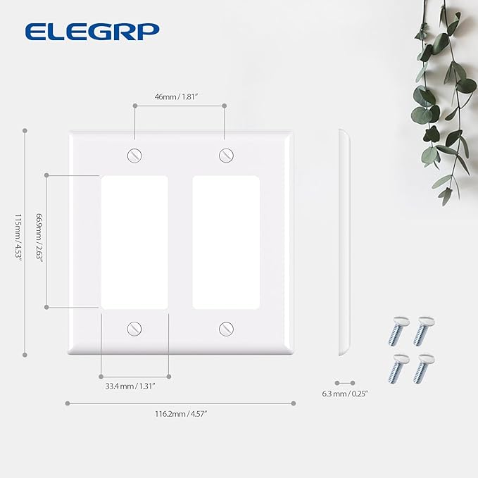 ELEGRP 2-Gang Decorative Wall Plates 2 Pack, Standard Size 4.53" H x 4.57" L Unbreakable Thermoplastic Faceplate Cover for Decorator Receptacle Outlet Switch, UL Listed (Glossy White)