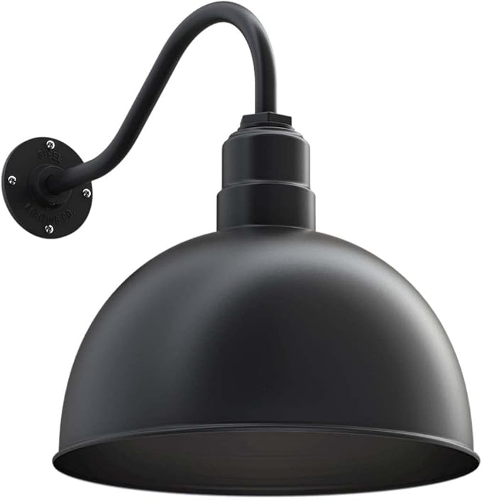 Steel Lighting Co. Hollywood Bowl Light | Outdoor Wall Mounted | 15 inch Bowl Dome | 16 inch Gooseneck | Barn Light Made in America | Matte Black Exterior/Matte Black Interior