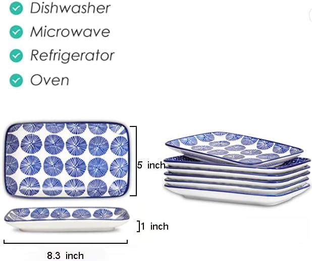 Selamica Ceramic 8 inch Rectangular Salad Plates, Dinner Plates, Pasta Dessert Plates for Appetizer, Sushi, Fruit - Microwave/oven/Dishwasher Safe, Set of 6, Vintage Blue