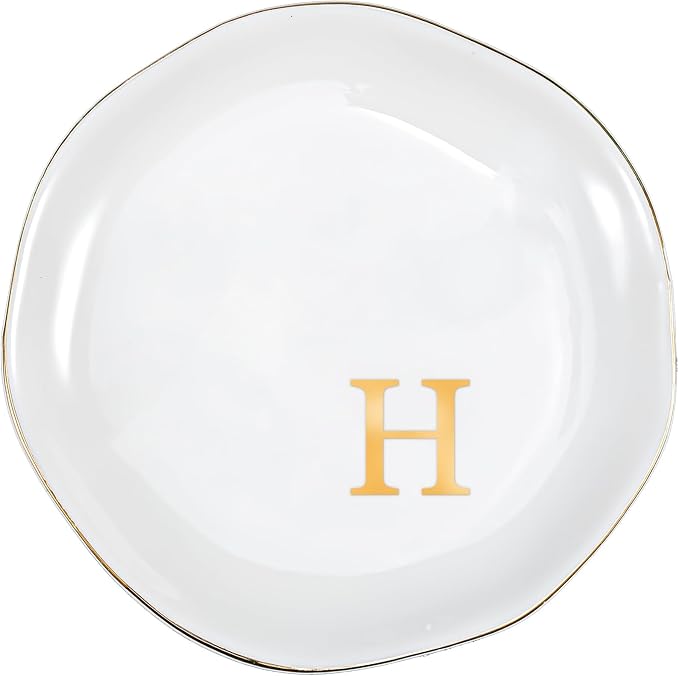 ProCase Ceramic Jewelry Tray, Initial Ring Dish Trinket Plate Engagement Gift, Small Personalized Monogram Ring Bowl for Wedding, White Decorative Jewelry Holder for Women Vanity -Letter H
