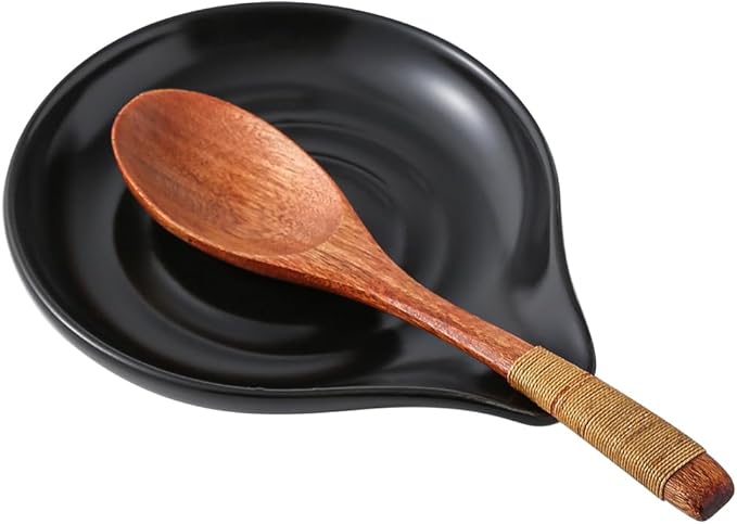 6-Inch Ceramic Spoon Rest - Heat Resistant, Non-Slip for Kitchen Utensils, Spoon Holder Stovetop, Dishwasher Safe - Elegant Spiral Design Black, Housewarming Gift