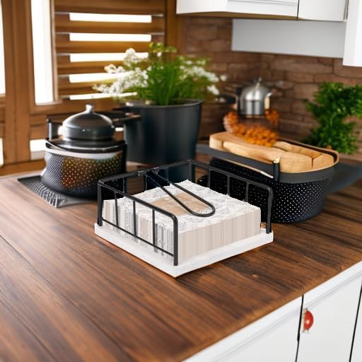 Livabber Flat Napkin Holder, Metal Kitchen Napkin Storage with Weighted Tension Arm Rustic Tissue Paper Dispenser for Countertop, Table Kitchen, Dining Room (With Marble Base, Black)