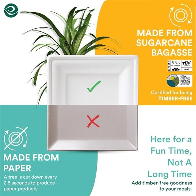 ECO SOUL 100% Compostable Square Paper Plates 10 Inch [100-Pack] Biodegradable Heavy Duty Eco-Friendly Disposable Plates for Dinner, Parties, Wedding & Event(White)