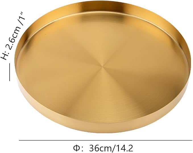 I-LAN 14" Round Gold Metal Serving Tray, Deep Decorative Vanity Tray for Bathroom & Dresser, Modern Circle Perfume Organizer and Coffee Table Accent (Deep Gold)