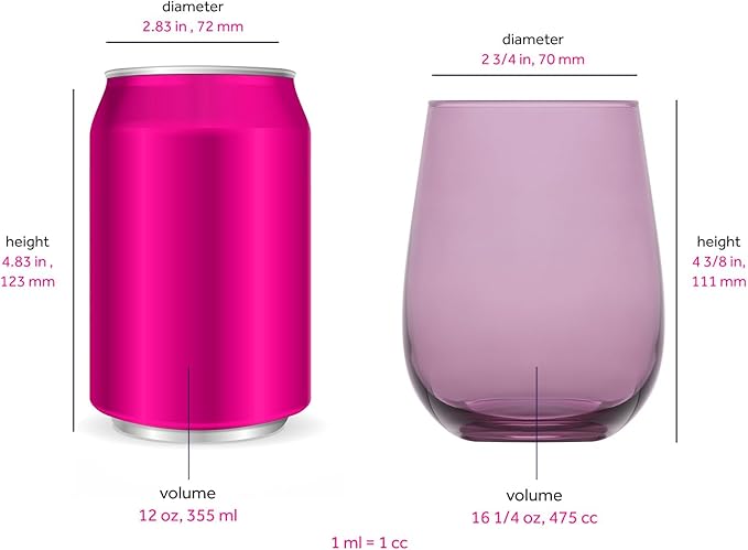 LAV Multicolor Stemless Wine Glasses Set of 6 - Drinking Cups 16 oz - Multicolor Glass Wine Tumblers - Colorful Glass Cups for Families - Drinking Glasses for Water, Juice, Beverages