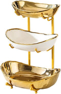 jessie 3 Tier Fruit Bowls for Kitchen Counter,Ceramic Large Fruit Basket Stand,Metal Fruit Serving Tray Snacks Nuts Cake Storage Holder (Gold 2)