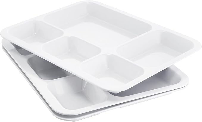 Divided Plates Melamine 5-Compartment White Serving Tray, 13.3 x 10.83 inches, 3 PCS, PFW-1331083-03