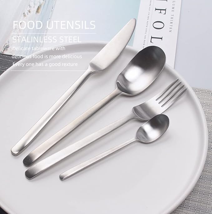 Matte Silverware Set for 12 Stainless Steel Flatware Set Light Luxury Vintage Style 48 Piece Cutlery Tableware Utensils Set Include Knives Forks and Spoons for Home Kitchen Restaurant Christmas