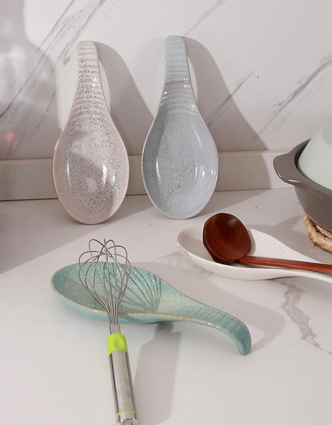 Ceramic Spoon Rest for Stove Top, 9 In, Large Spoon Holder for Kitchen Counter, Farmhouse Porcelain Utensil Rest for Thankgiving Christmas Gift, Dishwasher Safe, Heat-Resistant, Gray Pitting (1 PC)