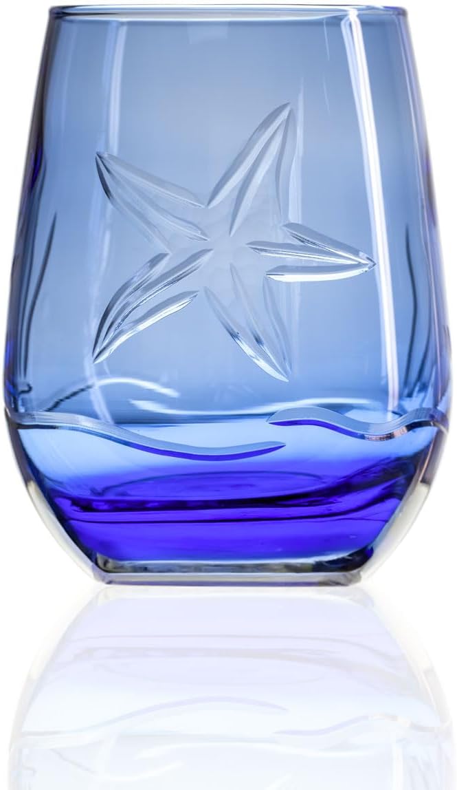 Rolf Glass Starfish Blue Stemless Wine Glass | Set of 2 Stemless Glasses | 15 Ounce Blue Glass Tumblers | Engraved Lead-Free Wine Tumblers | Made in the USA