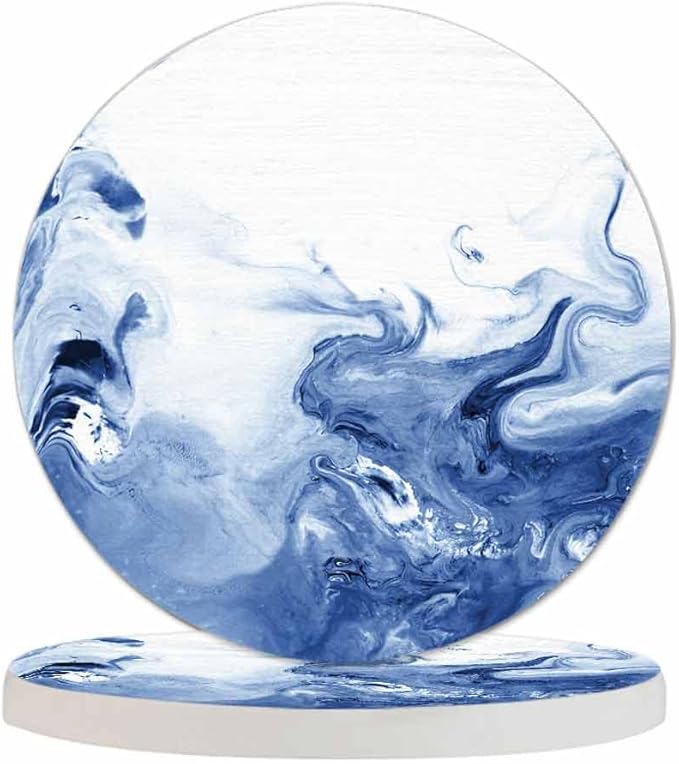 Blue Wave Creative Liquid Cup Coasters for Table Marble Texture Abstract Ocean Mixed Ink Fluid Reusable Drink Coasters Set 2 Pcs Coffee Home Farmhouse Living Room Bar Decor