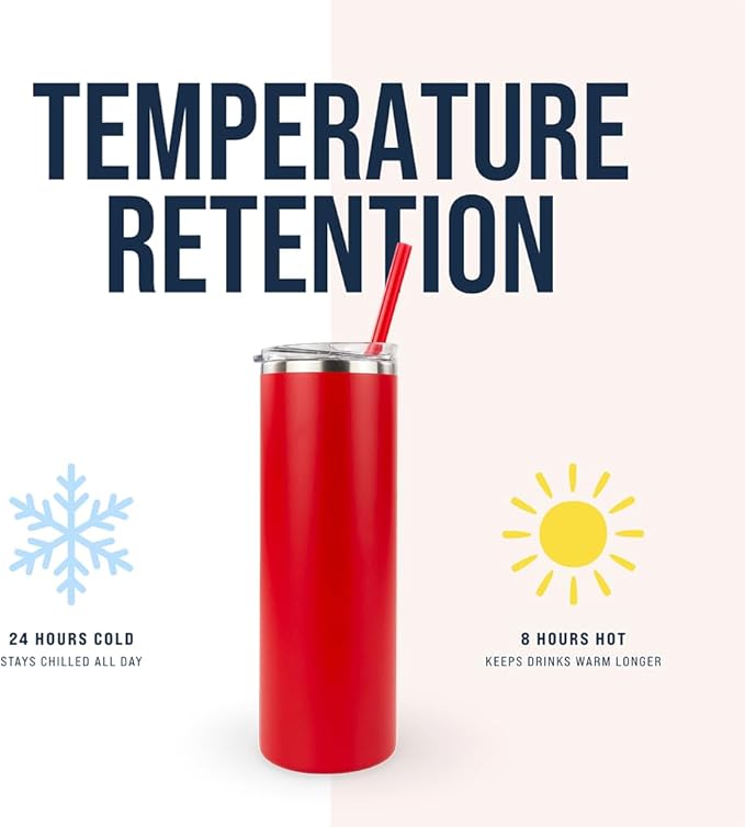 Hogg 20 oz Skinny Case (24 Units) - Red, Powder Coated Tumblers for Laser Engraving, Engravable Tumblers Bulk, Stainless Steel Cups Bulk, Insulated Cups with Lids and Straws
