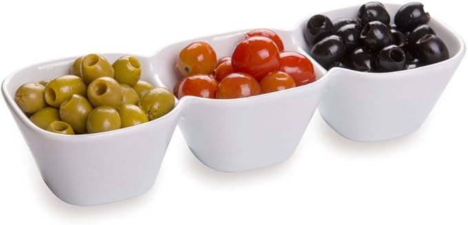 Restaurantware 18 Ounce Triple Bowl Serving Dish 1 Square Porcelain Condiment Tray - Serve Snacks Dips or Condiments For Parties Buffets Or Catering White Porcelain 3 Section Serving Dish