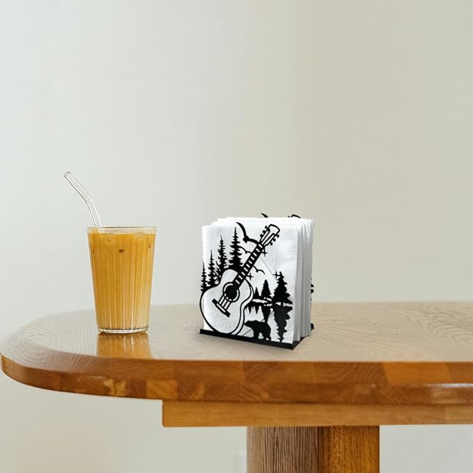 Guitar Forest Decorative Black Metal Napkin Holder for Table, 5.3" x 4.9" x 1.9" Music Tree Standing Napkin Holder for Home Kitchen Restaurant Picnic Party Coffee Bar Dining Room