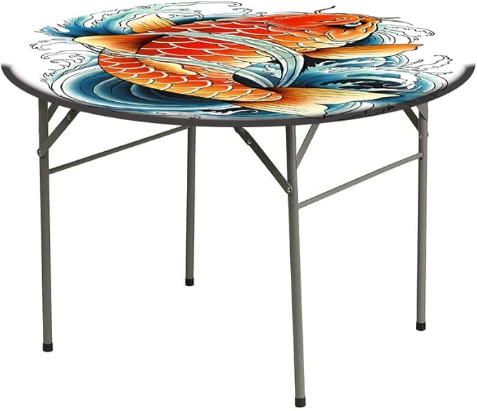 Round Tablecloth, Koi Fish Tablecloth for Side Table, Tattoo Style Japanese Wave, Fit Round Tables 32inch Diameter, Buffet Table/Parties/Holiday Dinner, Multicolor