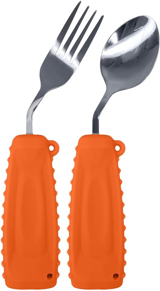 Adaptive Utensils,Curved Angled Spoon and Fork Set,for Tremors Parkinsons Limited or Elderly,Weight Cutlery with Non-Slip Easy Grip Handles