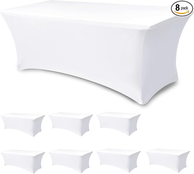 Table Cover for 6 foot Rectangle Tables-8 Pack White Fitted Stretch Tablecloth-Elastic Spandex 6ft Folding Tablecloths for Party, Vendor Booth Display, Banquet Buffet Event, Craft Trade Show