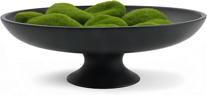 Large Black Decorative Bowl, Modern Pedestal Bowl for Home Decor, Decorative Fruit Bowl for Kitchen Counter, Stylish Key Bowls for Entry Table, 11.45”, Includes 10PCS Artificial Moss Rocks