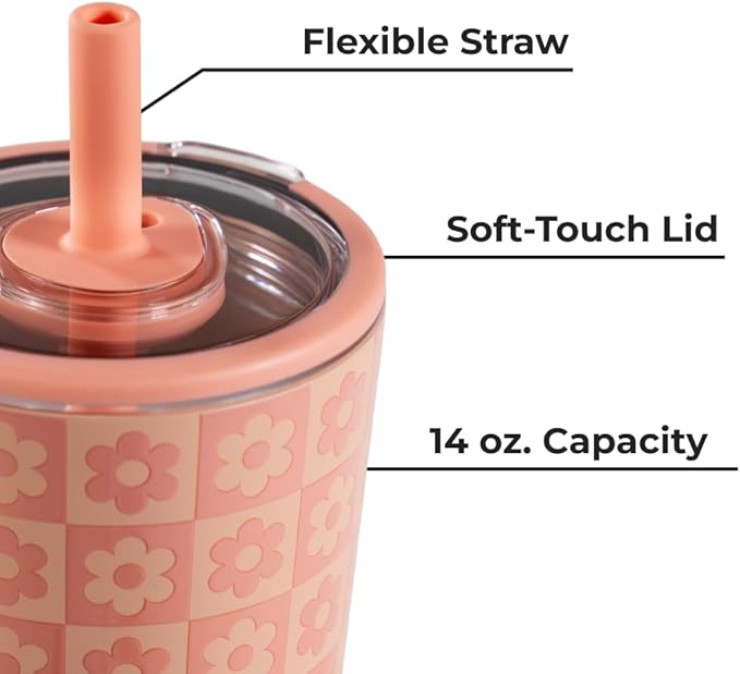 HydroJug Everyday Tumbler 14 oz – Ceramic-Lined Insulated Tumbler with Straw and Soft-Touch Lid, Cup Holder Friendly, Double-Wall Vacuum Insulation, Reusable Travel Cup – Daisy Checkers