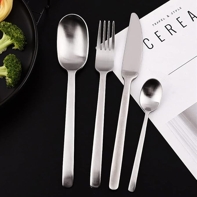 Matte Silverware Set for 8 Stainless Steel Flatware Set Light Luxury Vintage Style 32 Piece Cutlery Tableware Utensils Set Include Knives Forks and Spoons for Home Kitchen Restaurant Christmas