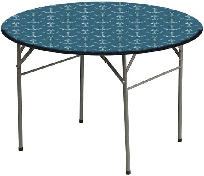 Round Vinyl Fitted Tablecloth, Nautical Print Polyester Table Cloth, Anchors Maritime Theme Decor, Fit Round Tables 23inch Diameter, for Holiday Dining Table/Dinner/Party, Petrol Blue Beige