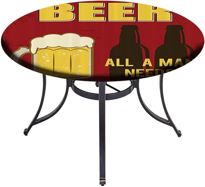 Round Tablecloth, Manly Decor Tablecloth for Side Table, Beer Mug and Two Bottles with Quotes Beer All, Fit Round Tables 32inch Diameter, for Dining Room/Party/Banquet Decoration, Yellow Burgundy