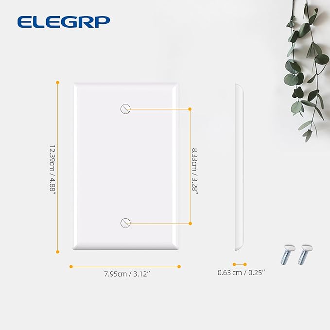 ELEGRP 1-Gang Blank Device Wall Plates, Mid-Size 4.88" H x 3.13" L Unbreakable Thermoplastic Blank Faceplate Cover for Unused Outlets/Switches, UL Listed (1 Pack, Glossy White)