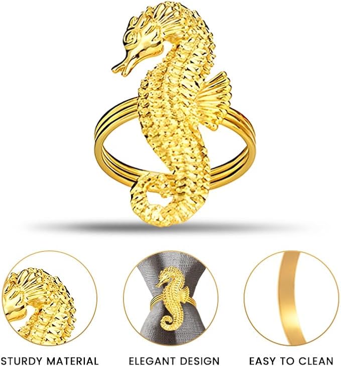 Decozen Set of 8 Gold Napkin Rings in Sea Horse Design, Festive, Table Decor Setting for Holiday, Wedding, Birthday, Kitchen, Home Decor, Housewarming Gift - Mothers Day Decorations