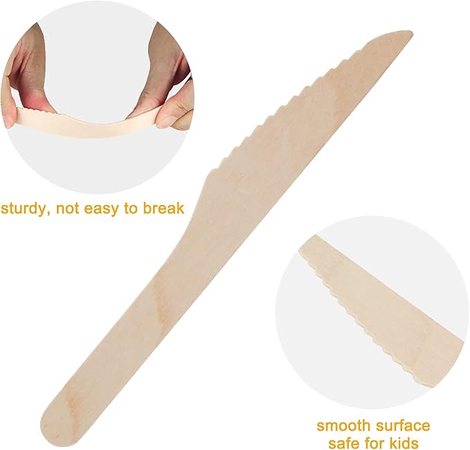 100 Pack Disposable Knives - 6.5 Inch Length Wooden Cutlery - Biodegradable Silverware For Catering Formal Events, Parties, BBQ, Picnic, Camping, Travels, Weddings, Dinner And All Other Occasions